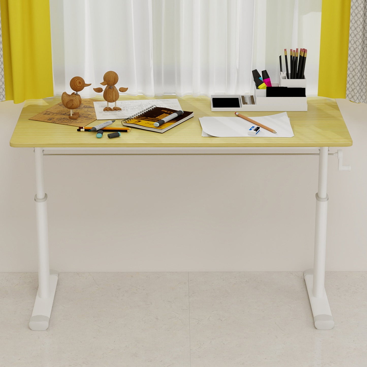 Adjustable Study Desk Suitable For Children And Adults, Height Adjustable, Multifunctional Home Office Desk, Compact Design, Desktop Dimensions  60cm X 120cm, White Frame, Natural Wood Colored Tableto