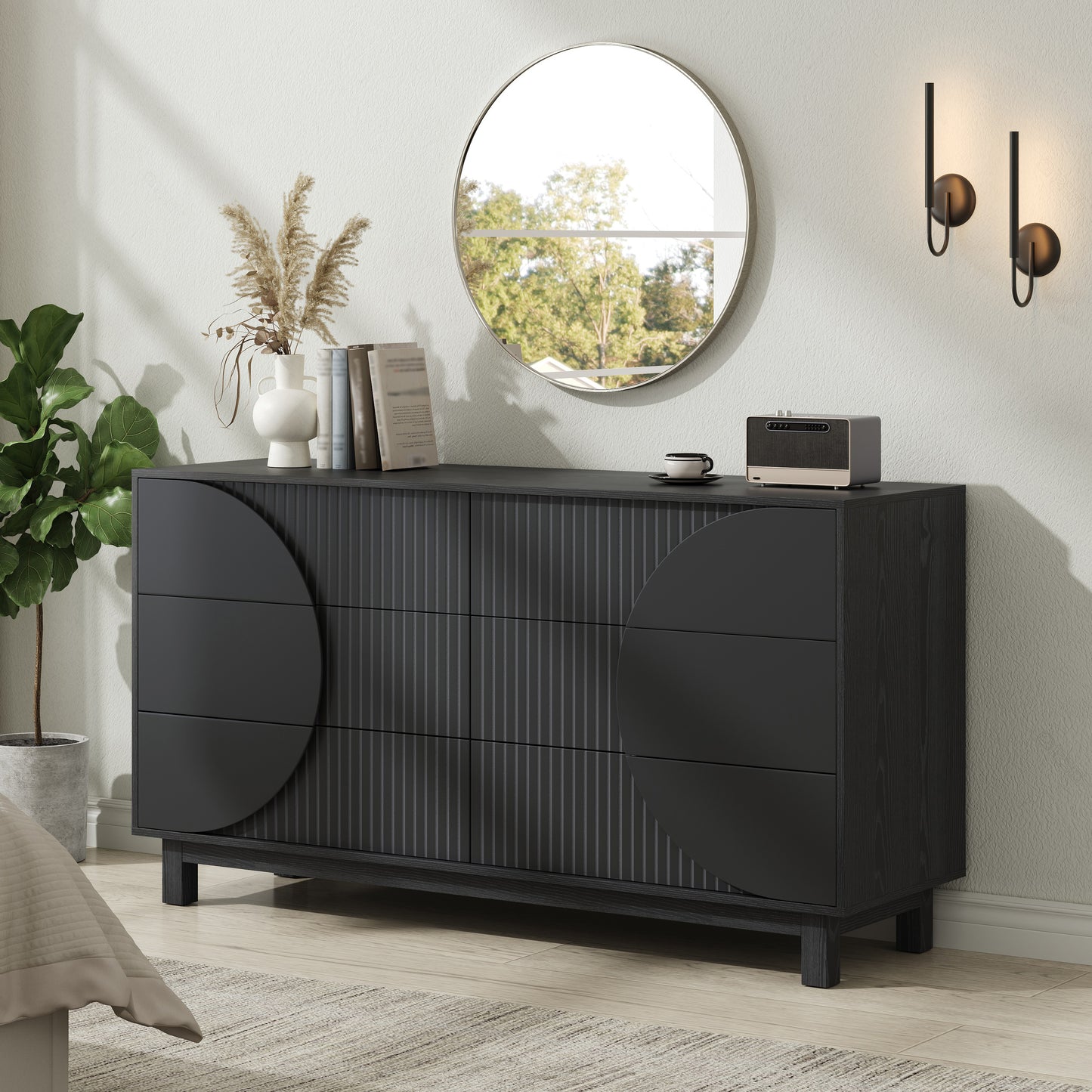 Modern 6 Drawer Fluted Dresser, 60   Wide Modern Chest Of Drawers, TV Stand With Solid Wood Legs, Clothes Organizer With 6 Deep Drawers, Storage Cabinet For Bedroom, Living Room, Entryway,Carbon Black