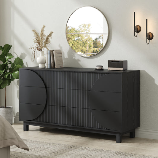 Modern 6 Drawer Fluted Dresser, 60   Wide Modern Chest Of Drawers, TV Stand With Solid Wood Legs, Clothes Organizer With 6 Deep Drawers, Storage Cabinet For Bedroom, Living Room, Entryway,Carbon Black