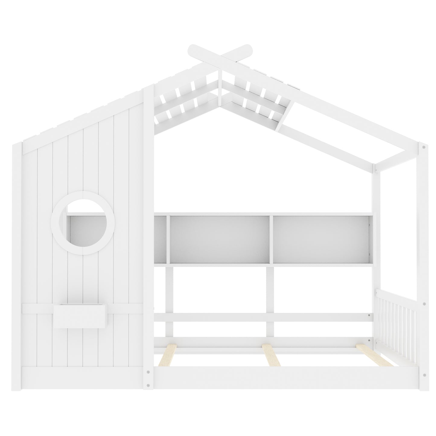 Full Size Floor House Bed For Toddler, Kids Montessori Bed  With Storage Shelf, Playhouse Bed With Roof Design, White