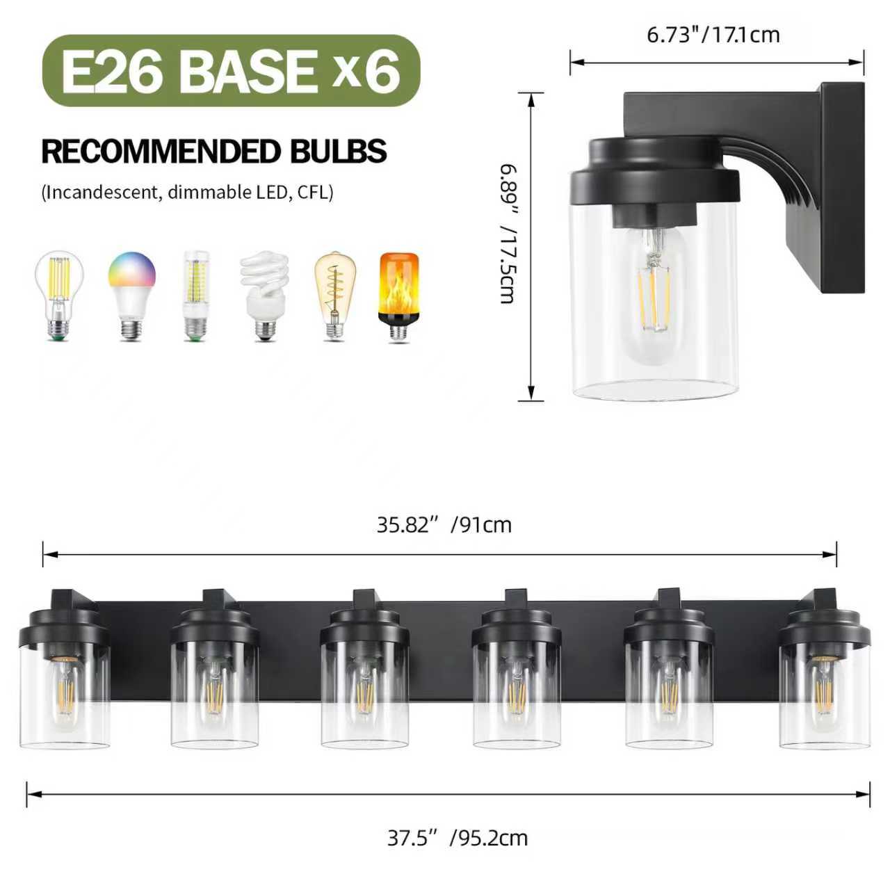 6 Light Bathroom Light Fixtures Over Mirror Bathroom Vanity Light, Black Vanity Lights With Clear Glass Shade, Modern Bathroom Light Fixtures For Bedroom, Hallway Bulbs Not Included