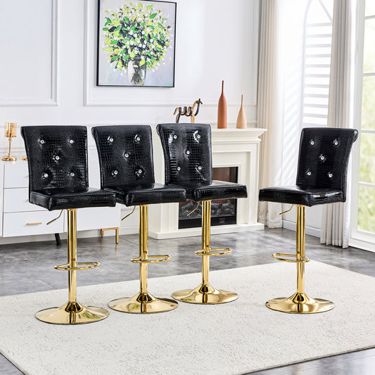 A Set Of 2 Black Vintage Crocodile Leather Lift Bar Chairs, Featuring Crystal Clasp Design And Synthetic Leather Design, Adding A Touch Of Elegance And Mystery To The Dining Area