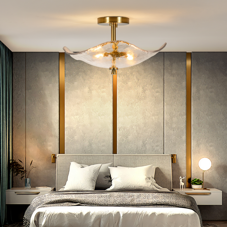 16.5inch Glass Semi Flush Mount Ceiling Light Fixture, 2-Lights Close To Ceiling Light, Modern Gold Ceiling Light Fixture For Bedroom Bathroom Hallway Entryway Kitchen Dining Room