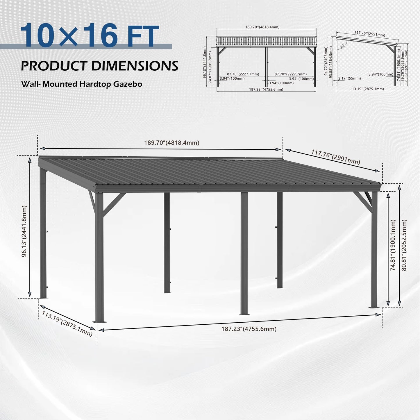 10  X16   Hardtop Wall Mounted Gazebo, Expandable Lean To Gazebo Pergola With Gutters & Galvanized Steel Roof, 60MPH Wind Resistance Outdoor Heavy Duty Canopy Sun Shade For Patio, Backyard - Grey