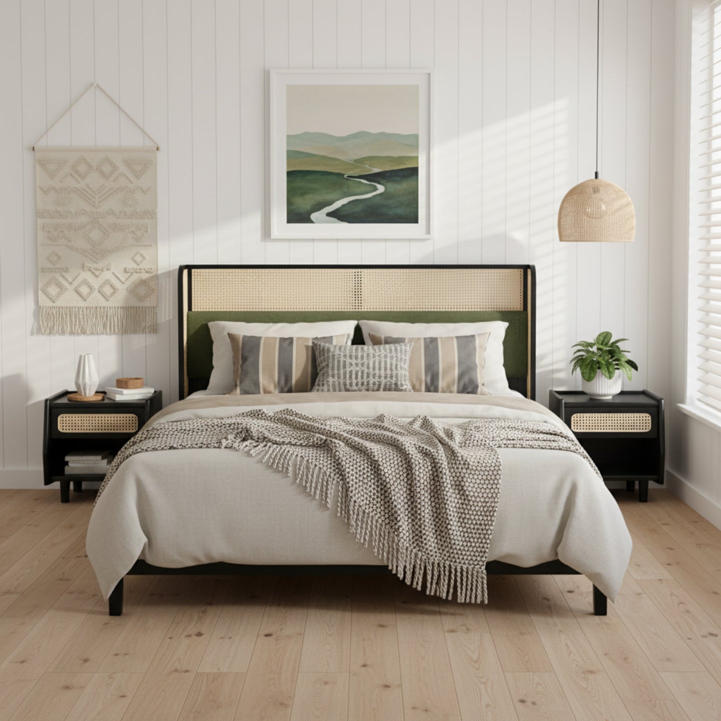 Queen Size Bed Frame With Green Headboard, Black With Green Solid Wood  Bed, No Box Spring Required, Modern Bedroom Furniture