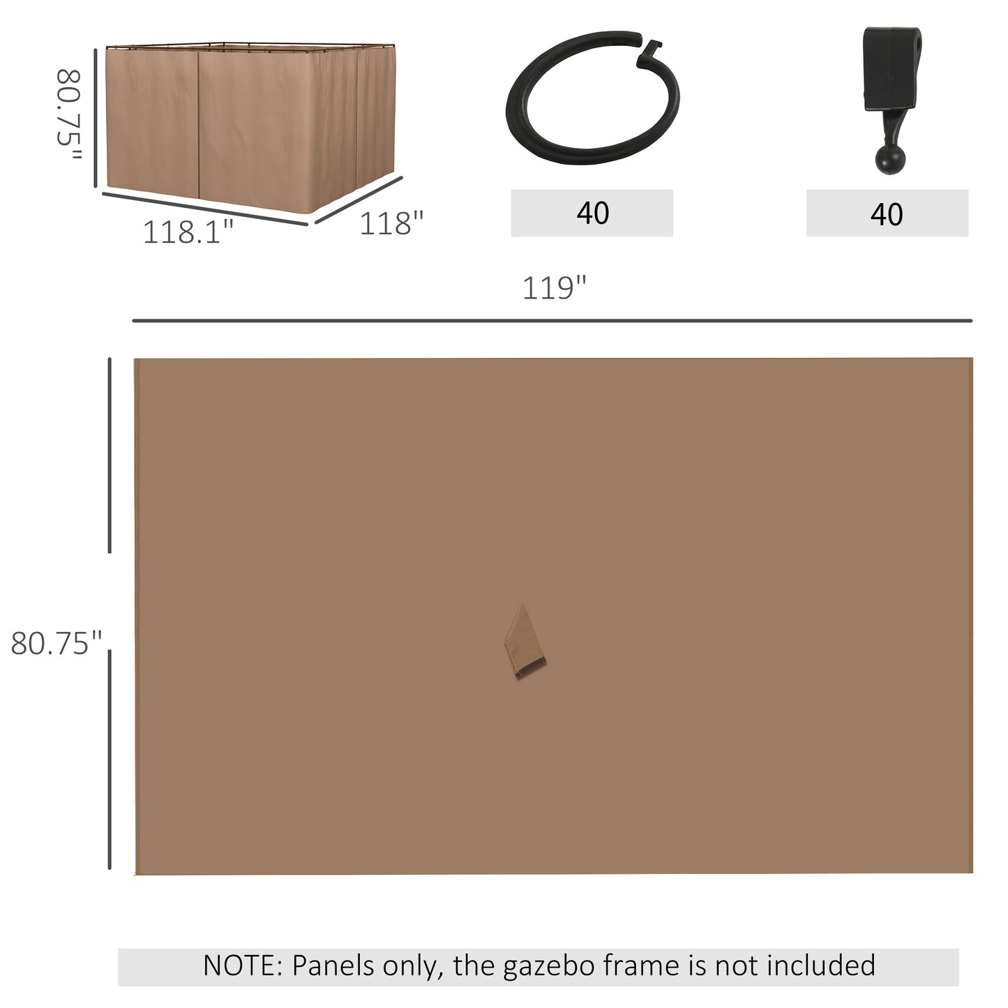 9.84' X 9.84' Gazebo Sidewall Set With Hooks/C-Rings, Brown