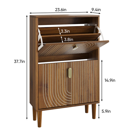 Shoe Storage Cabinet With 2 Flip Drawers,Free Standing Shoe  Cabinet With Metal Handles For Entryway,Shoe Rack Cabinet With Line Groove Design,23.6 W