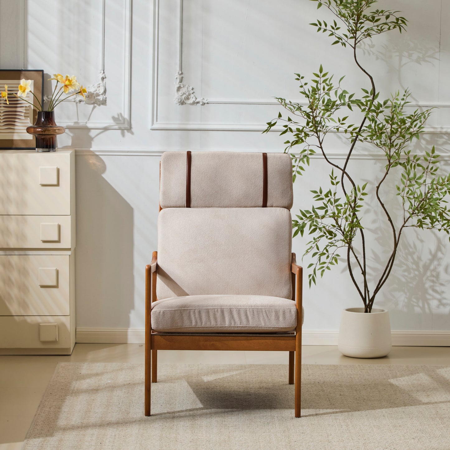 Mid Century Modern Accent Armchair, Solid Wood Frame With High Back, Light Gray Upholstered Cushions, Ergonomic Lounge Chair For Living Room Bedroom Reading Nook