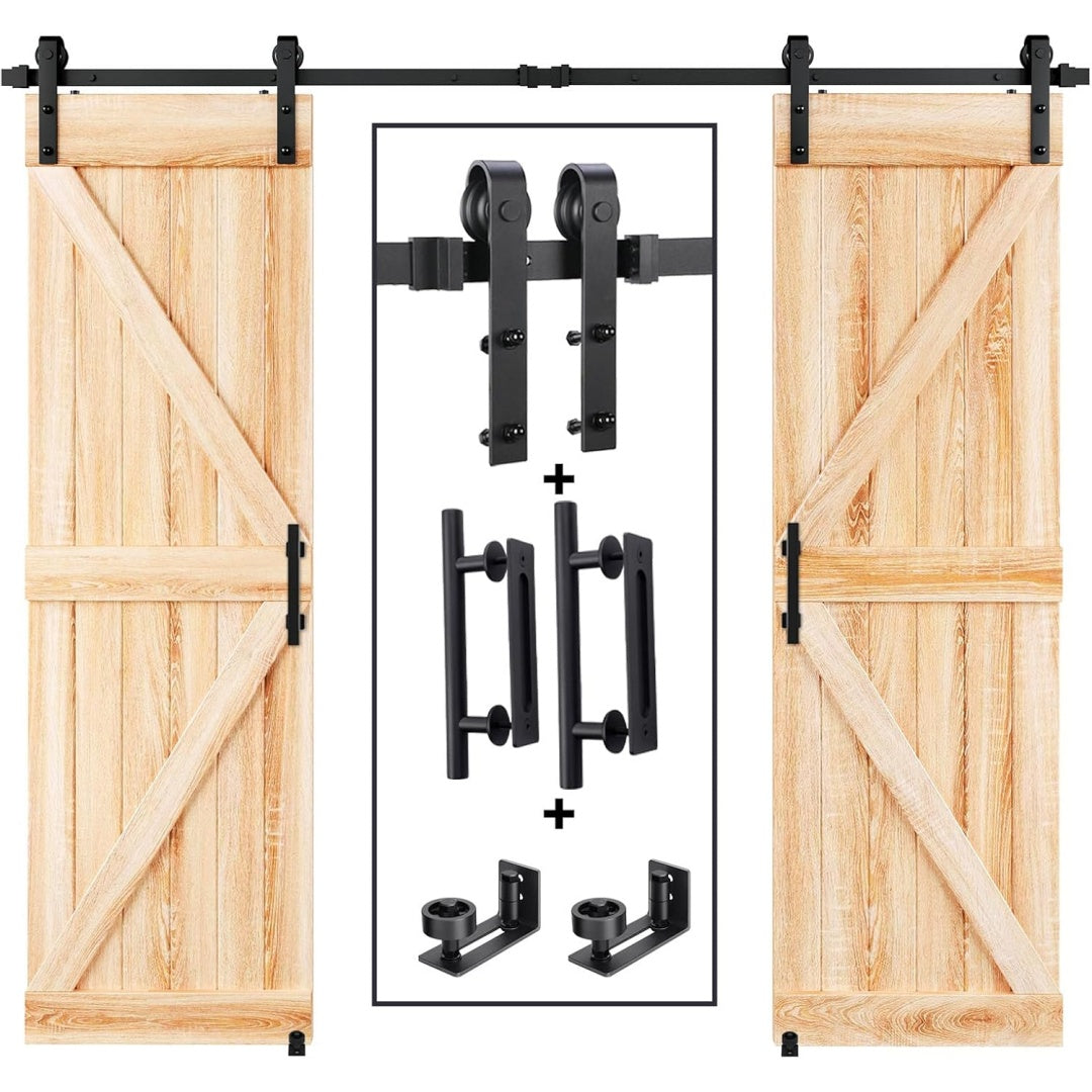 8 FT Double Sliding Barn Door Track And Handle Hardware Kit,Basic J Pulley,Slide Smoothly Quietly,Easy Install 8FT Track Kit For 20-24 Wide Double Door