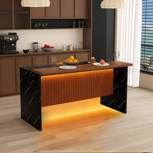63  Modern Kitchen Island With Marble-Look Surface, LED Lights & Grille Design For Dining Room, Living Room, Black Island Only