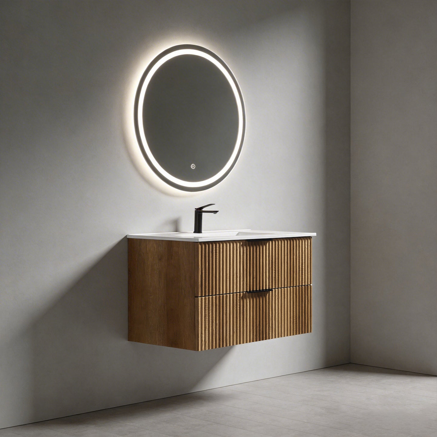 36 Inch Wall-Mounted Bathroom Vanity With 3D Fluted Panel & Ceramic Integrated Sink