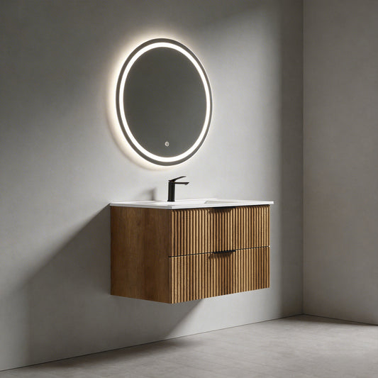 36 Inch Wall-Mounted Bathroom Vanity With 3D Fluted Panel & Ceramic Integrated Sink