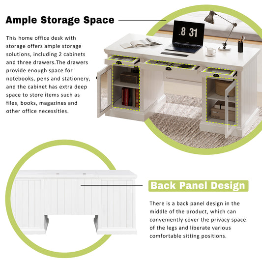 67 Modern Executive Desk,Computer Desk With 2 Glass Doors Storage Cabinet And 3 Drawers, Rectangle Home Office Desk  ,Reading Desk,Writing Table,Workstation For Home Office,Living Room,Study,White