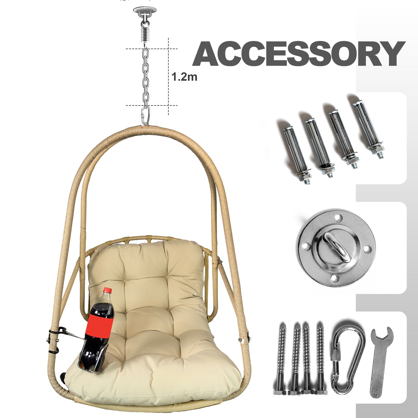 Swing Egg Chair Without Stand Indoor Outdoor Wicker Rattan Patio Basket Hanging Chair With C Type Bracket , With Cushion And Pillow,Patio Wicker Folding Hanging Chair  Special Construction Cup Holder
