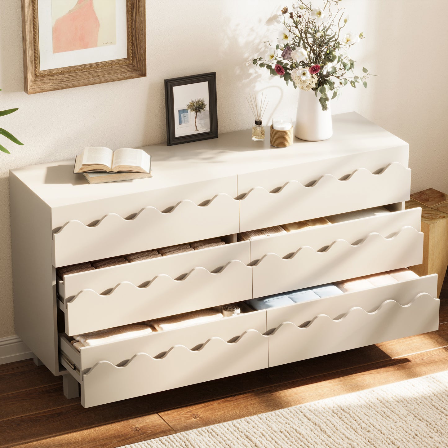 60  Length 6 Drawer Dresser With Wave Front Design, Modern TV Stand & Chest Of Drawers, Anti-Tip Clothes Storage Organizer For Bedroom, Living Room And Nursery, Ivory
