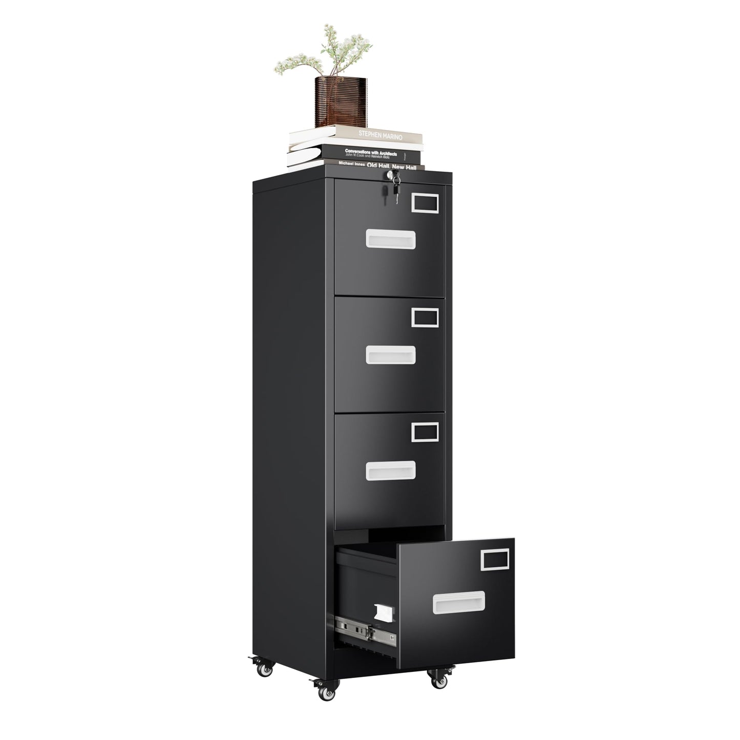 4 Drawer Vertical File Cabinet On Wheels, Lockable Office Files Storage Cabinet With Handle And Name Card,Mobile Storage Cabinet For Office And Home,Assembly Required,Black