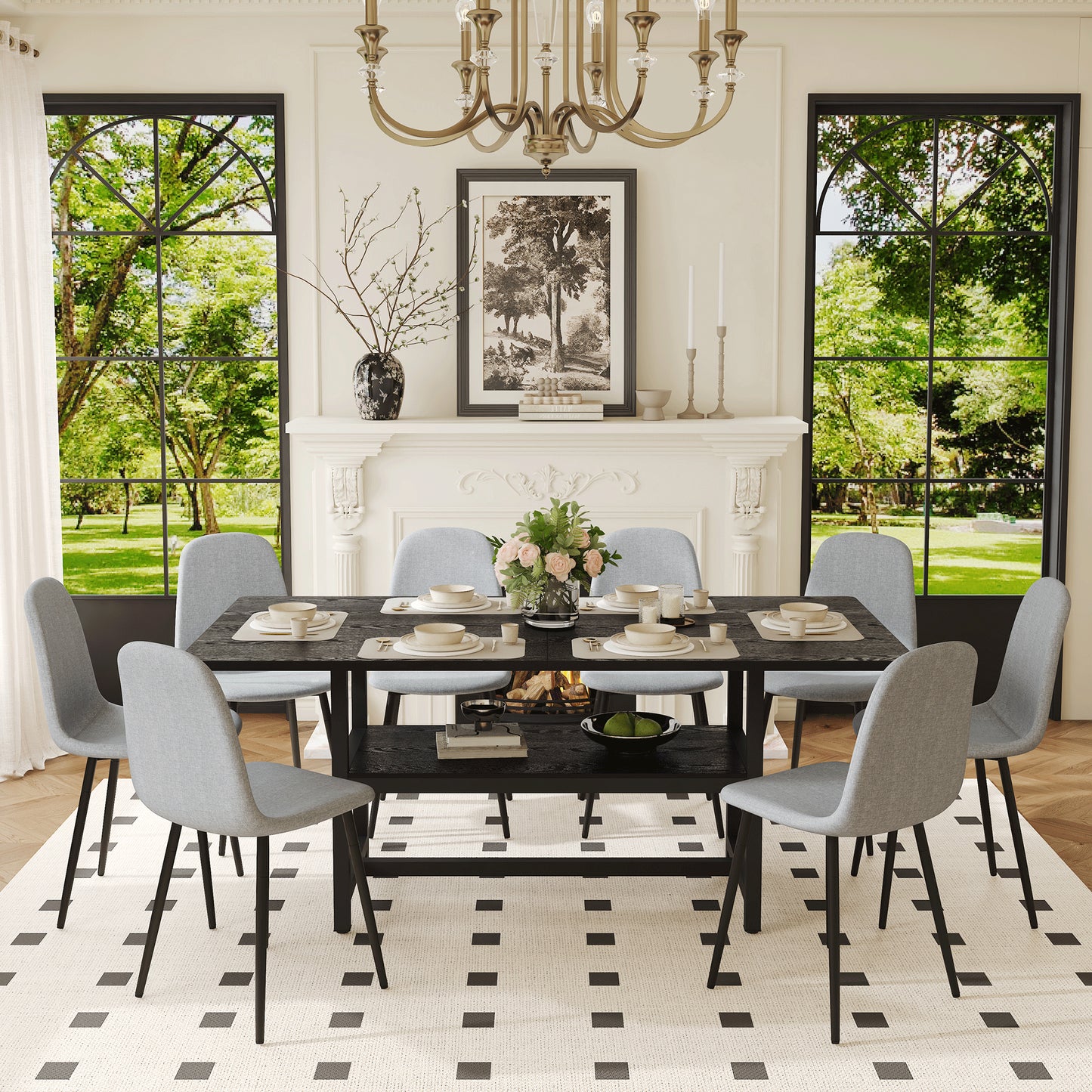 Table And Chair Set.71x35.4 Inch Black Grain Spliced Dining Table With Storage Function In The Middle Of The Table Legs.Paired With 8 Light Gray Linen-Cotton Material High Resilience Dining Chairs.