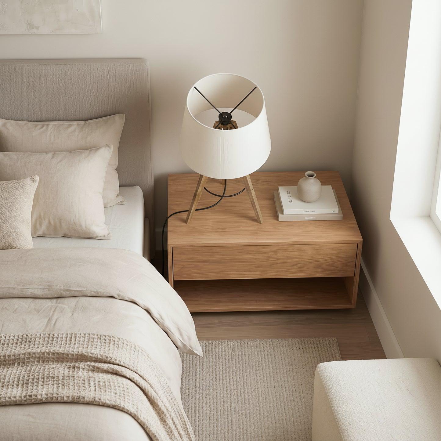High Quality Hotel European Modern Bed Side Nightstand Decorative Led Table Desk Lamp, Birch Three Legged Wooden Bar Table Lamp - Natural - Black 110V