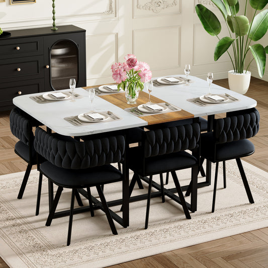 7-Piece Rectangular Dining Table Set, Fixed White Faux Marble & Wood Grain Triamine Tabletop With 6 Black Velvet Chairs, Modern Kitchen Table Set For 6 People, Ideal For Small Spaces
