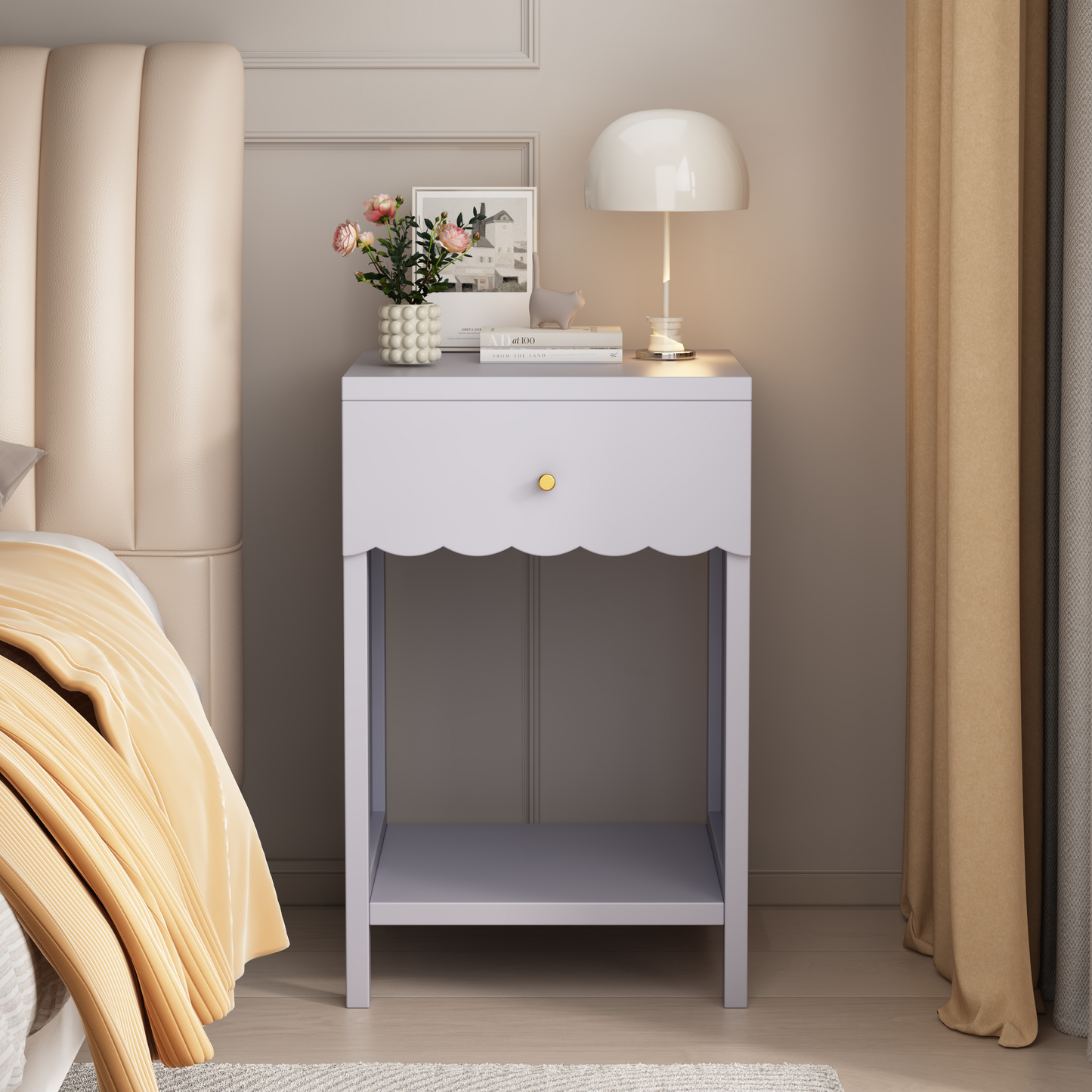Modern  Nightstand With Drawer And Open Shelf,Scalloped Edge Bedside Table For Bedroom, Cute Minimalist Side Table For Kids Room Or Girls' Room,Light Purple