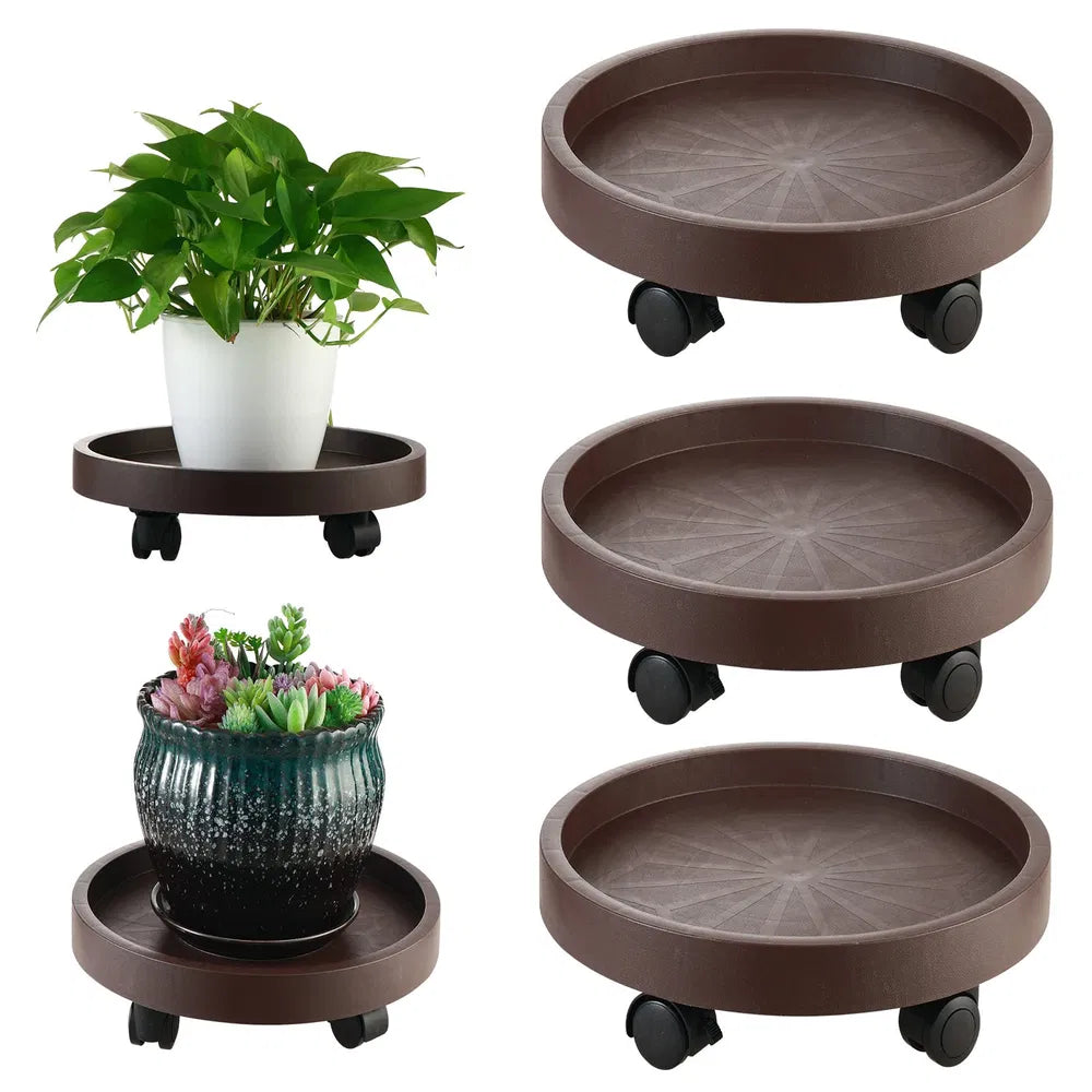 8 Pack Plant Caddy With Wheels Heavy Duty 12.2 Inch Plant Dolly With Locking Casters Rolling Plant Stand For Indoor Outdoor, Brown