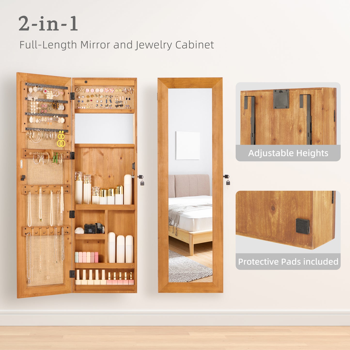 Solid Wood Jewelry Armoire Organizer Cabinet With Full-Length Mirror, 47.5x14.3 In Wall-Mounted Lockable With LED Light