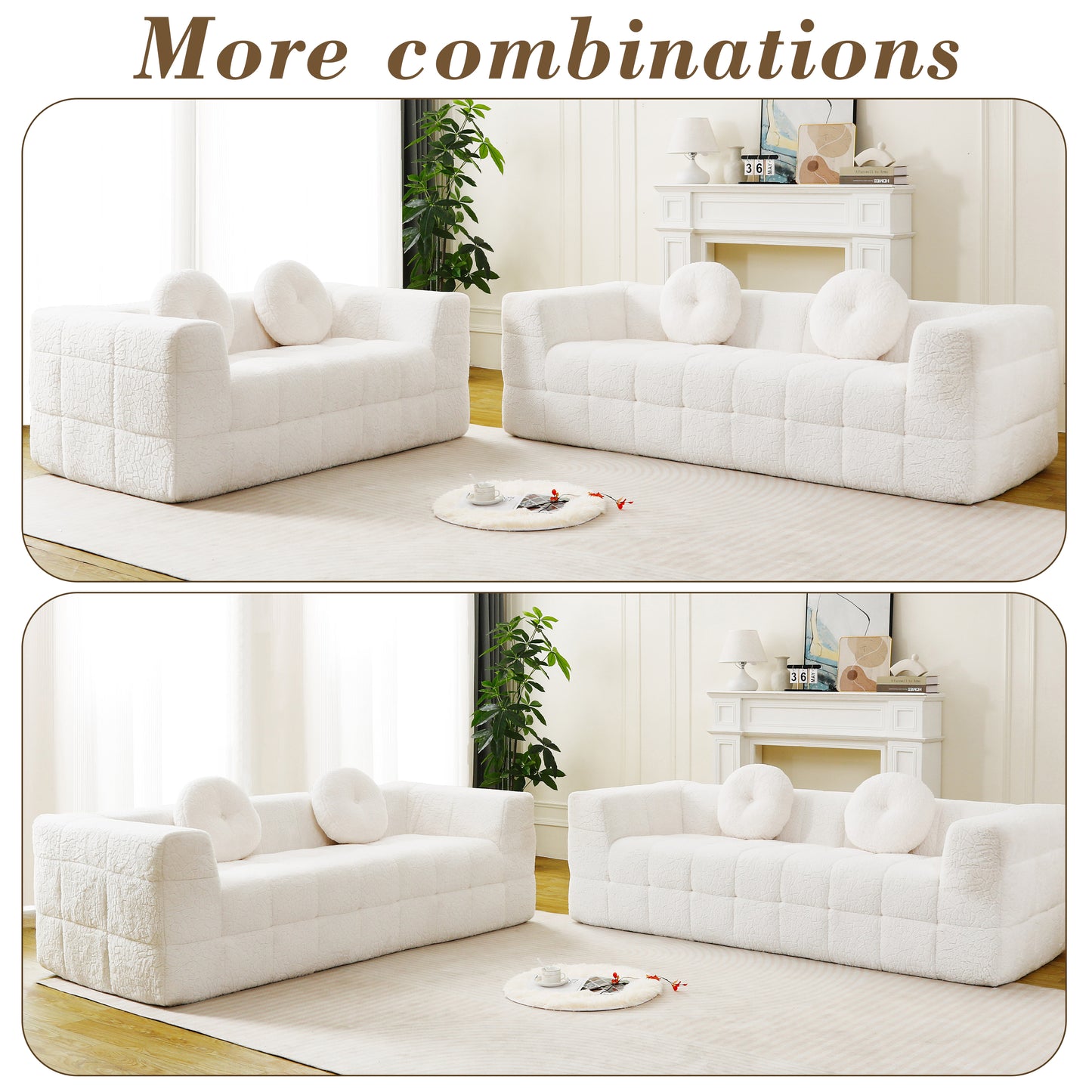 84.6-inch Modern Boneless Couch With Two Circular Throw Pillows,Skin-friendly Lychee-textured Long-pile Polyester Fabric,Checkered Fabric Design Three-Seater Foam Sofa