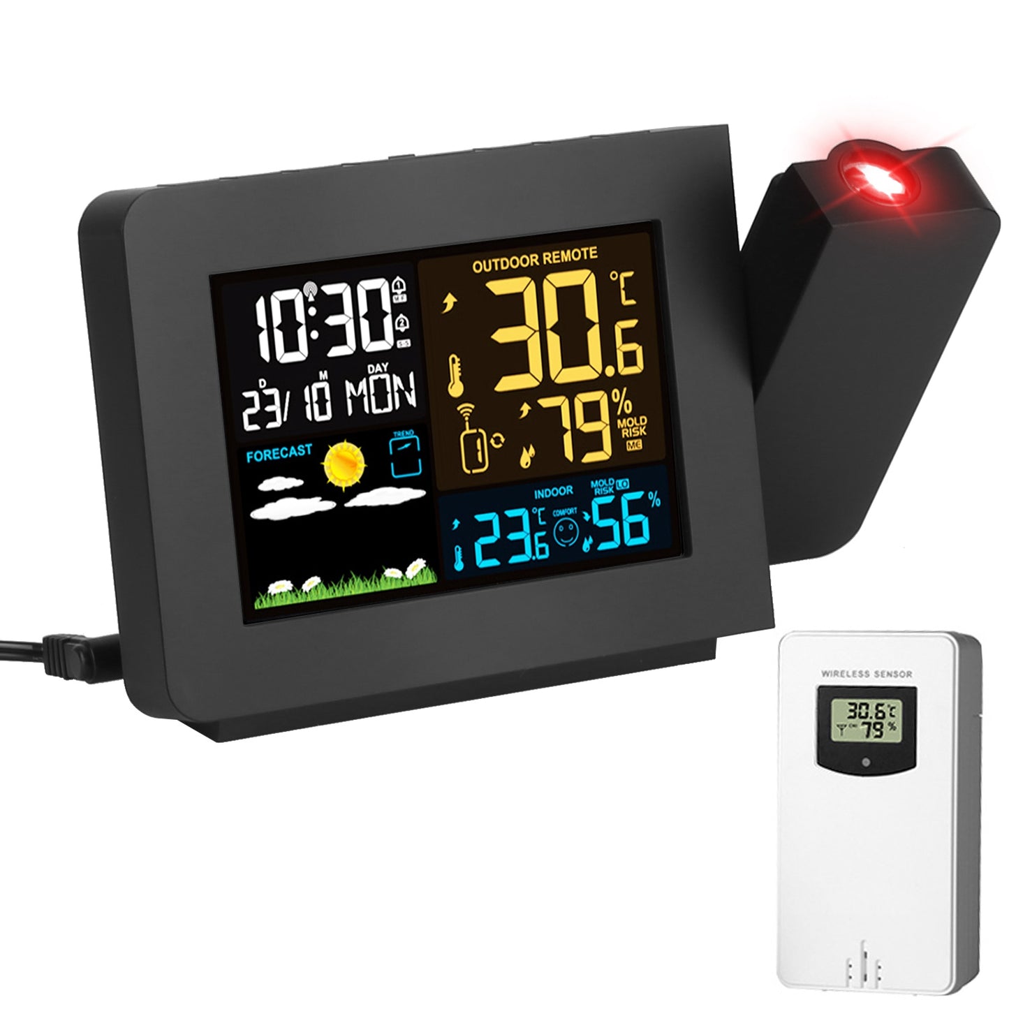 Atomic Projection Alarm Clock Radio Control Clock With WWVB Function Weather Station Dual Alarms Snooze Outdoor Wireless Temperature Humidity Sensor