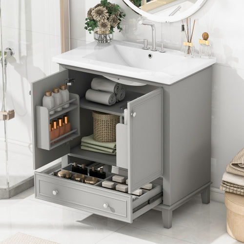 30 Bathroom Vanity With Sink Combo, Multi-functional Bathroom Cabinet With Doors And Drawer, Solid Frame And MDF Board, Grey