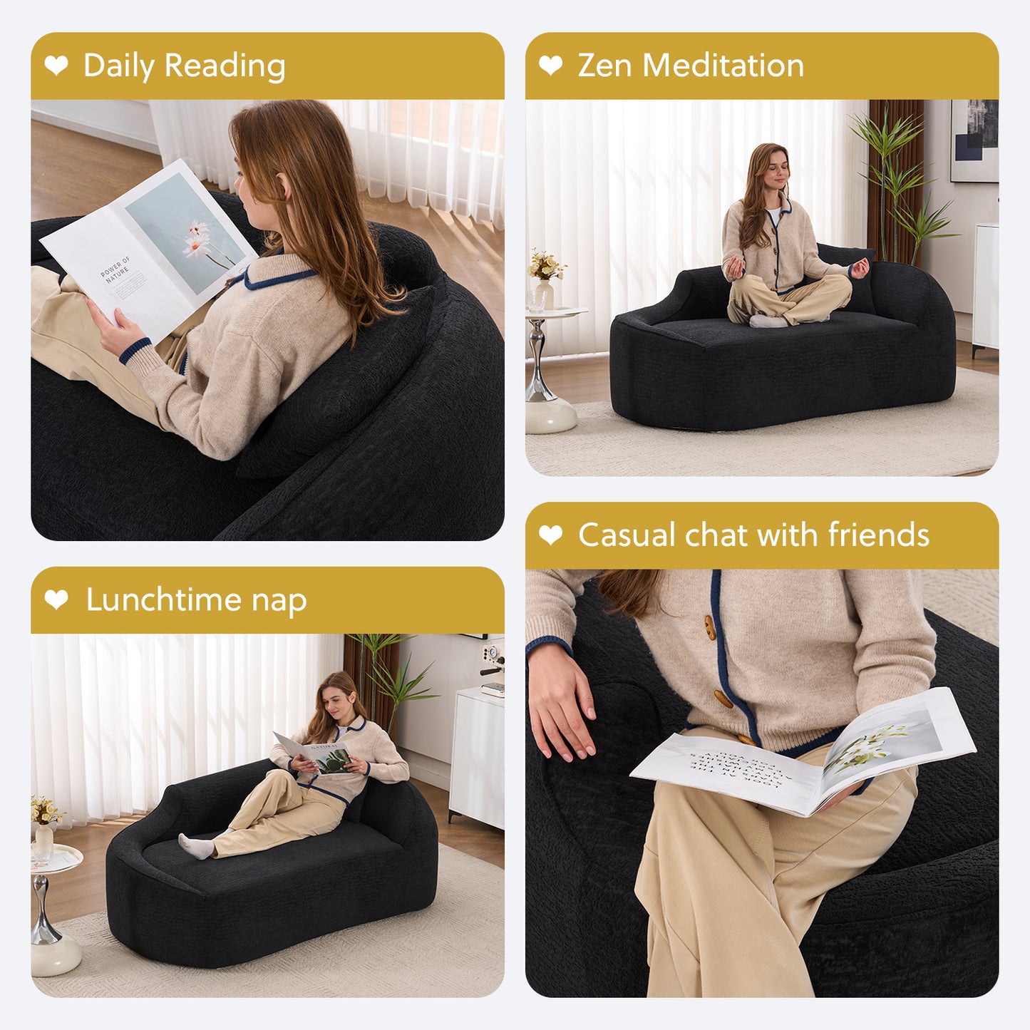 LY-048 Compression Curved Chaise Longue Chair Indoor  Modern Chenille Loveseat Couch With Deep Seat Sofa Bed With 1 Pillow  Sleeper Sofa Couch For Living Room  Bedroom  Apartment  Black