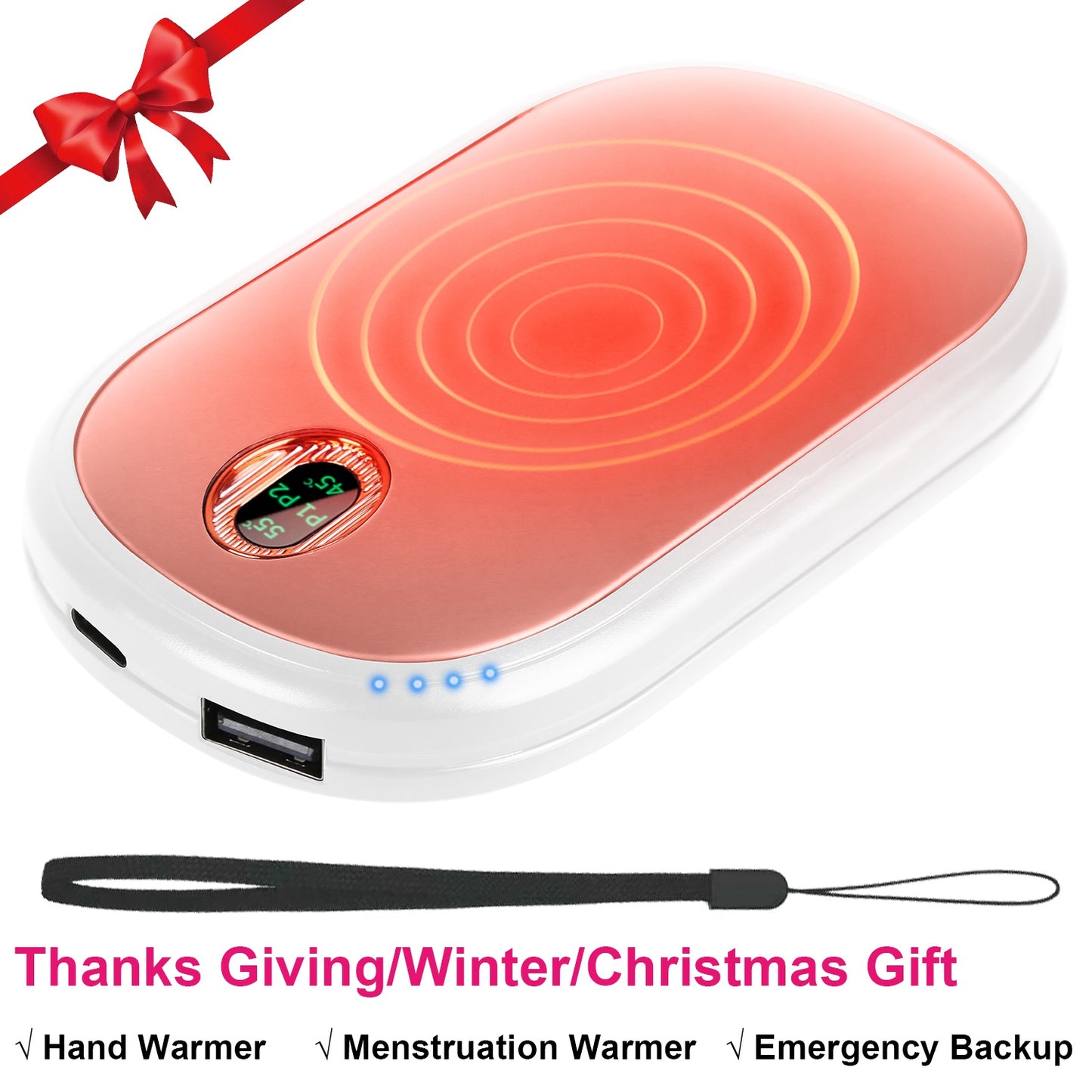 Black-Pink Color Options -- 1Pc Rechargeable Hand Warmer Electric Hand Heater Portable Reusable Pocket Warmer Power Bank With Digital Display 2 Levels Double-sided Heating