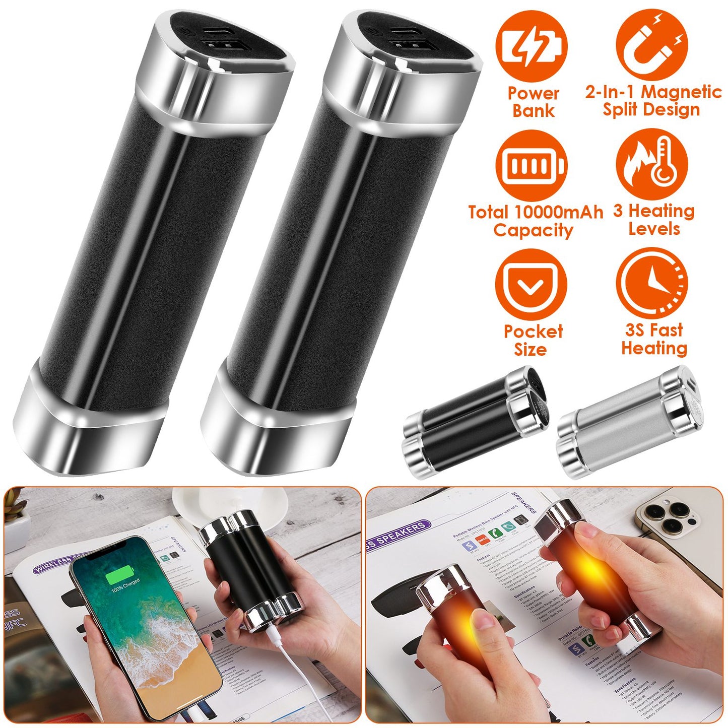 2 Packs Split-Magnetic Handwarmers 2 In 1 Portable Electric Pocket Heater Power Bank Portable Charger With 3 Heating Levels For Camping Hunting Fishing Skiing
