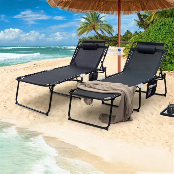 Oversized Patio Chaise Lounge, 27 Wide 4-Position Adjustable Backrest Folding Tanning Chair-Black