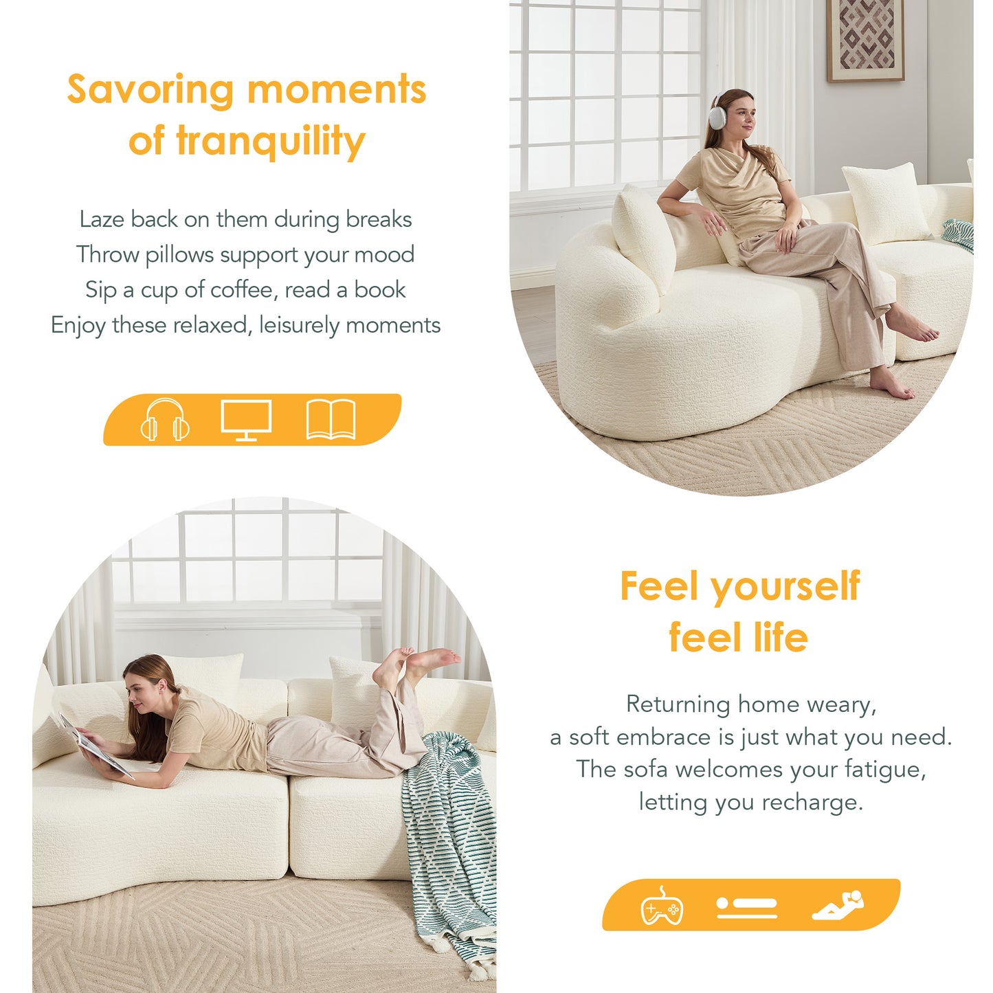 Curved Boneless Sofa Compression Modular 110'' Sectional White High-Density Couches Sleeper For Living Room Bedroom Apartment Lounge Chenille