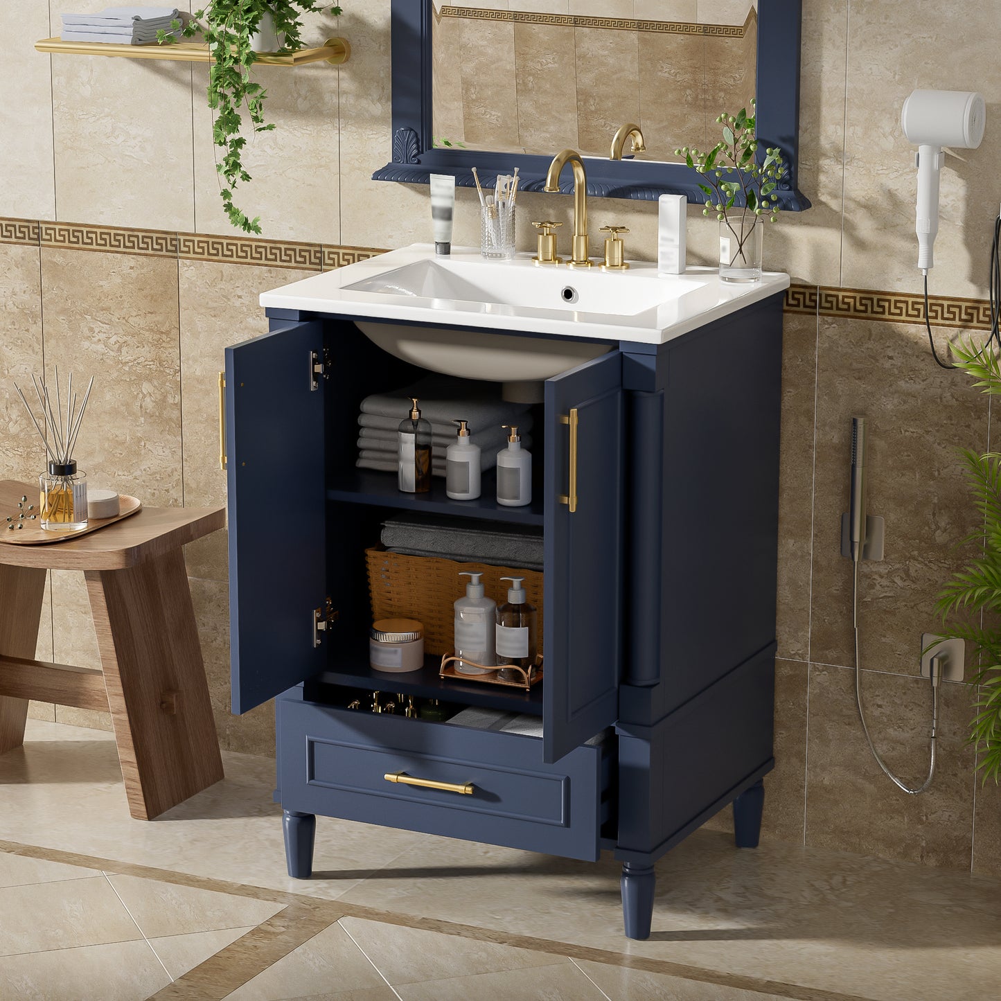 24   Modern Bathroom Vanity With Ornate Motif Design & Soft-Close Hinges,  Bathroom Cabinet With Drawer And Back Open Structure, Ornately Carved French Cylinder Legs