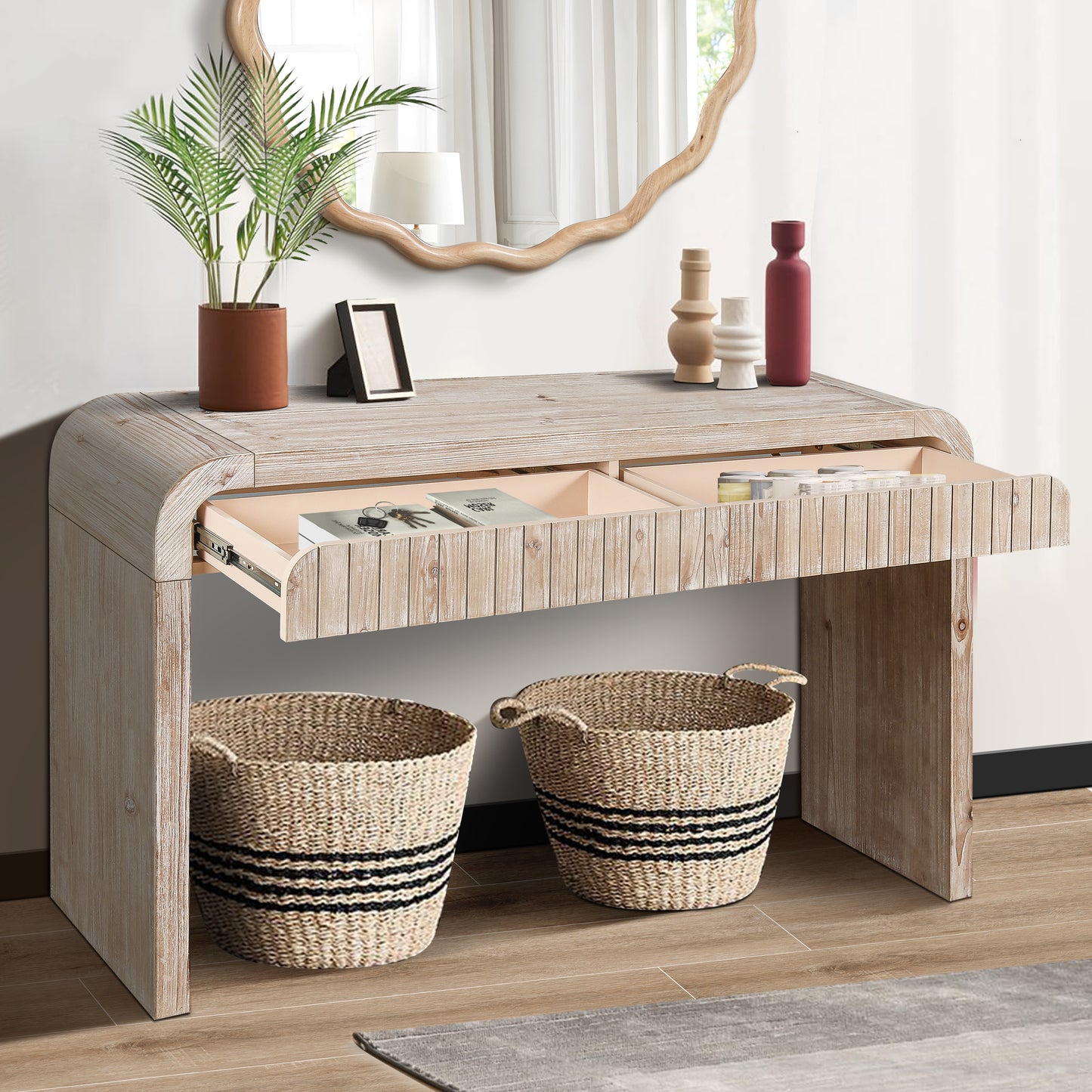 59 Vintage Crafted Entryway Table,Two Hidden Handle Drawers,Farmhouse Console Table ,Easy Assembly,for Entrance & Dinning Room & Living Room & Hallway Natural Wood Washed