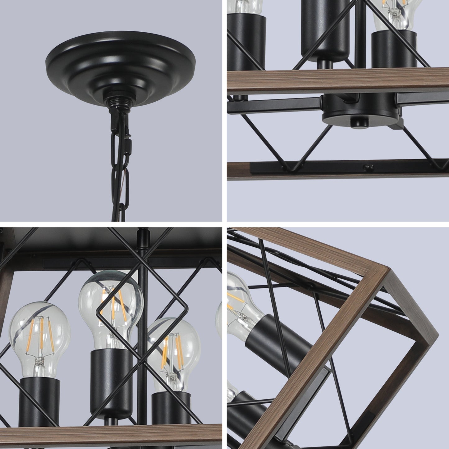 Same As W1340111202-L1008  16in  Walnut Industrial 4-Light Pendant Chandelier, Modern Metal Cage Design, Adjustable Hanging Light For Dining Room, Kitchen, Living Room  No Bulbs