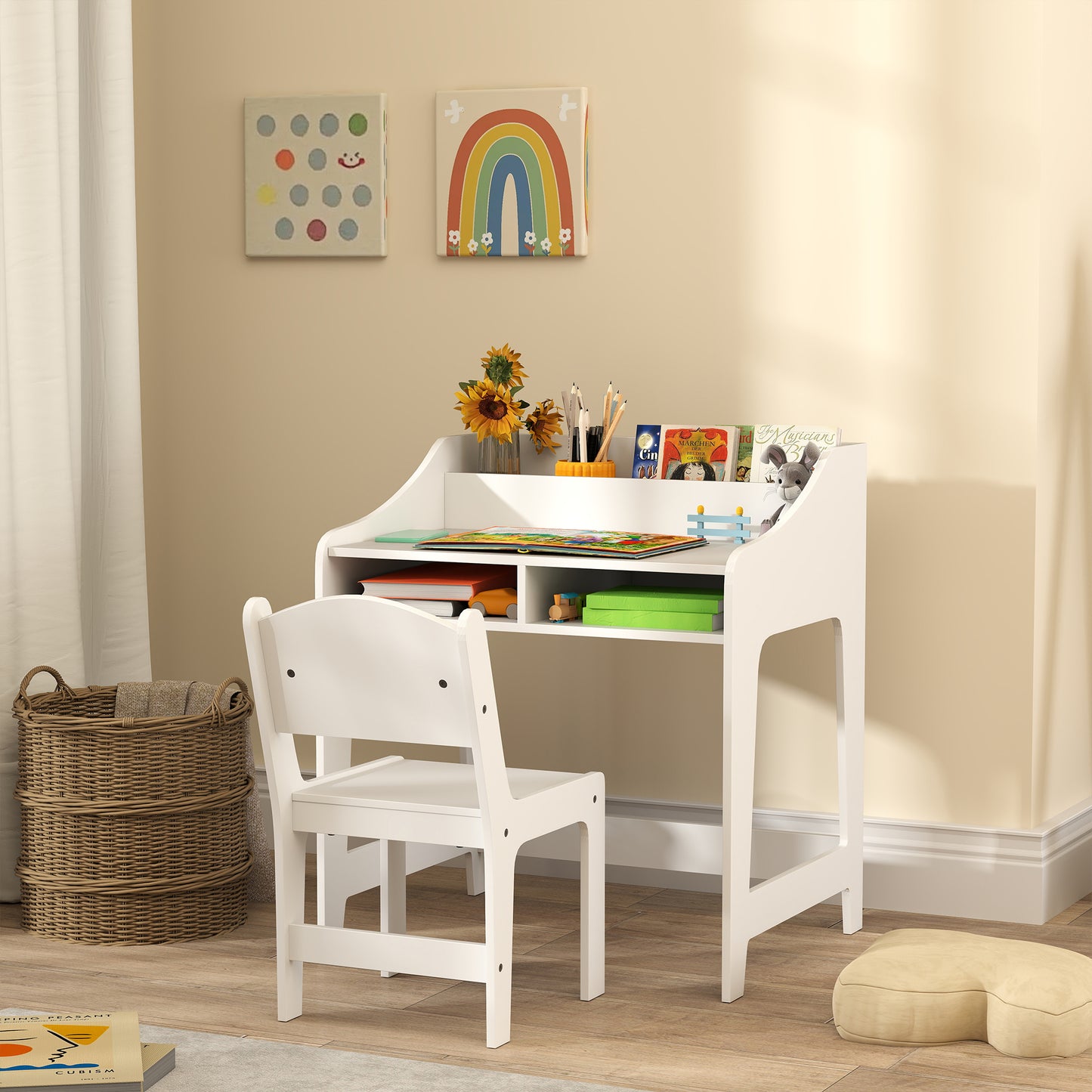 Kids Desk And Chair Set With Storage And Shelves, For Bedroom & Study Room, Gift For 3-8 Years Old, White