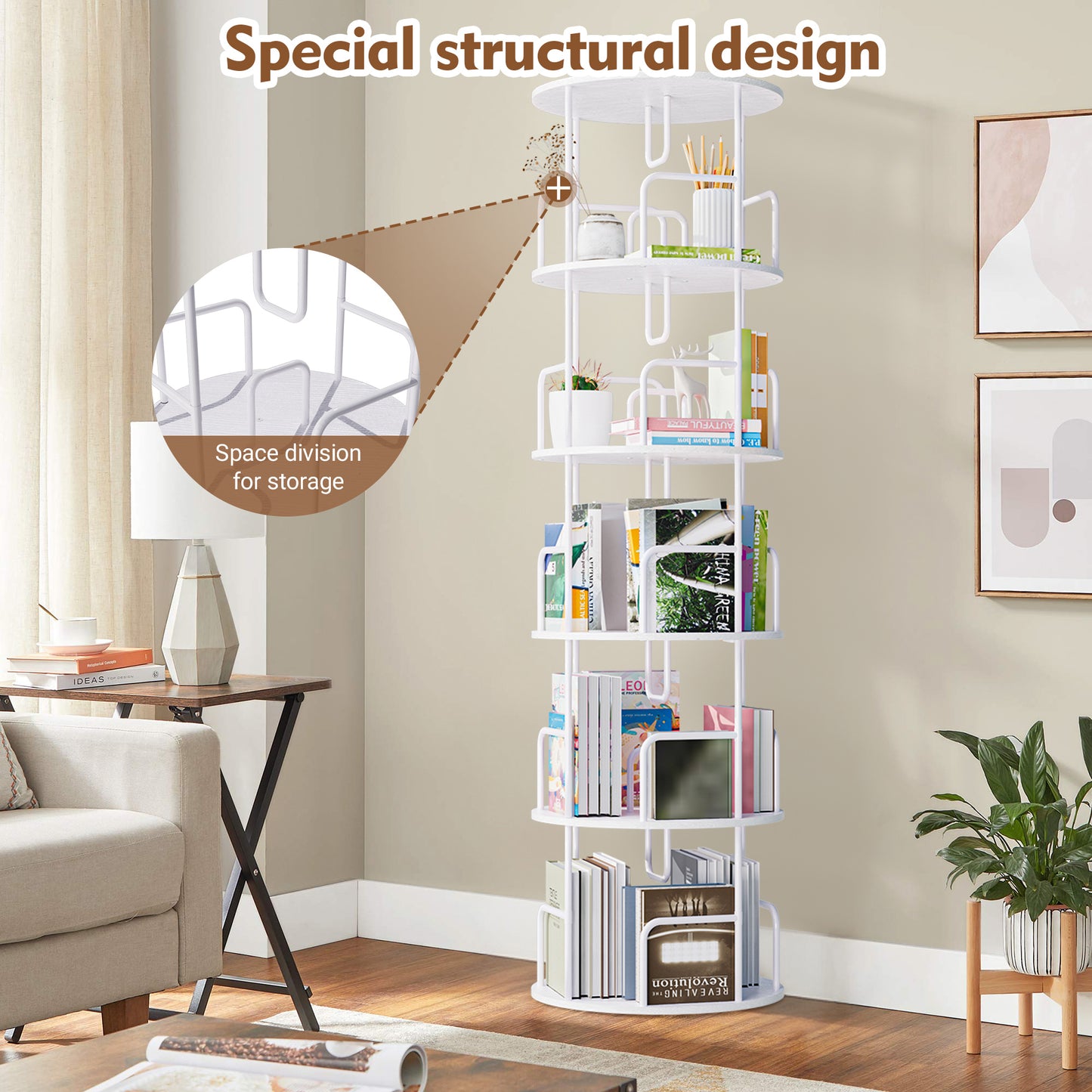 Rotating Bookshelf Tower 5 Tier Spinning Bookcase  Revolving 360 Book Shelf Narrow Tall Bookcase  Vertical Turning Round Storage Bookshelf  Book Shelf Organizer For Bedroom  Living Room  White