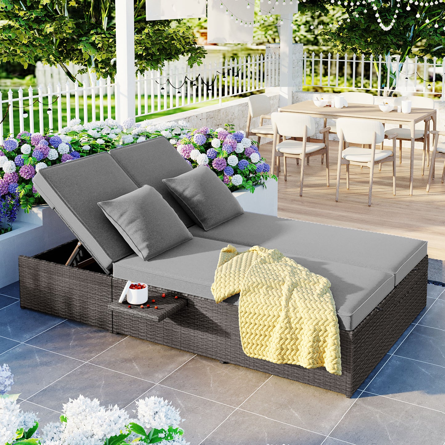 TOPMAX Outdoor Double Sunbed, Wicker Rattan Patio Reclining Chairs With Adjustable Backrest And Seat, Conversational Set For 2 Person, Gray