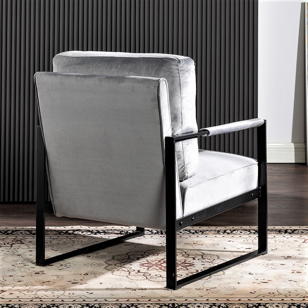Classic Mid Century Modern Accent Chair With Durable Square Metal Frame, Armchair For Living Room, Bedroom, Home Office In Plush Velvet Upholstery, Grey