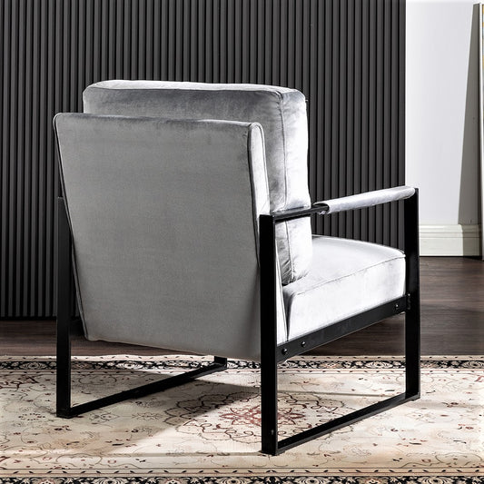 Classic Mid Century Modern Accent Chair With Durable Square Metal Frame, Armchair For Living Room, Bedroom, Home Office In Plush Velvet Upholstery, Grey