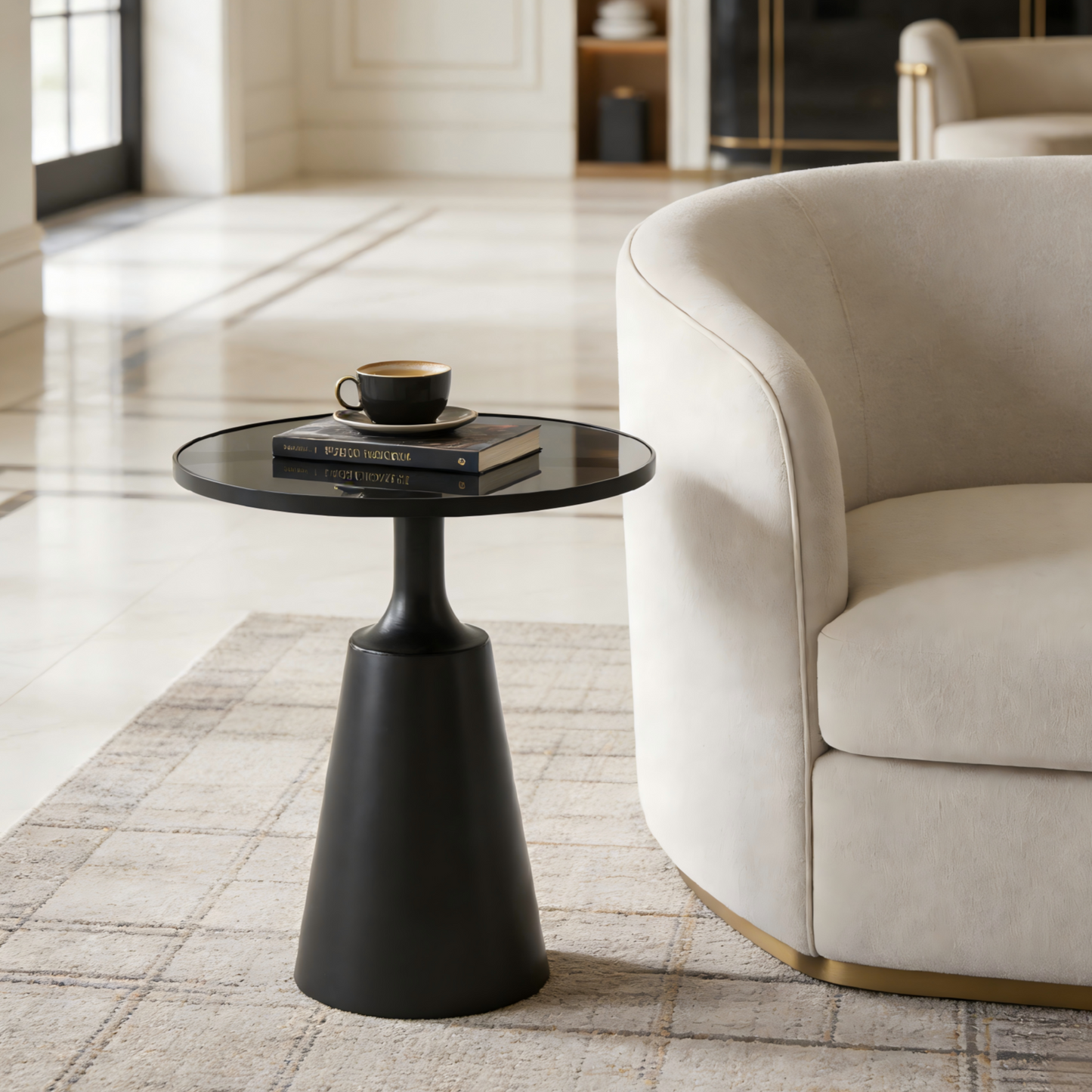 Modern Black Iron Side Table With Round Glass Top - 20  Diameter, 24.25  H, 75 Lbs Capacity - Assembly-Free Accent Table For Living Room, Bedroom, Or Office