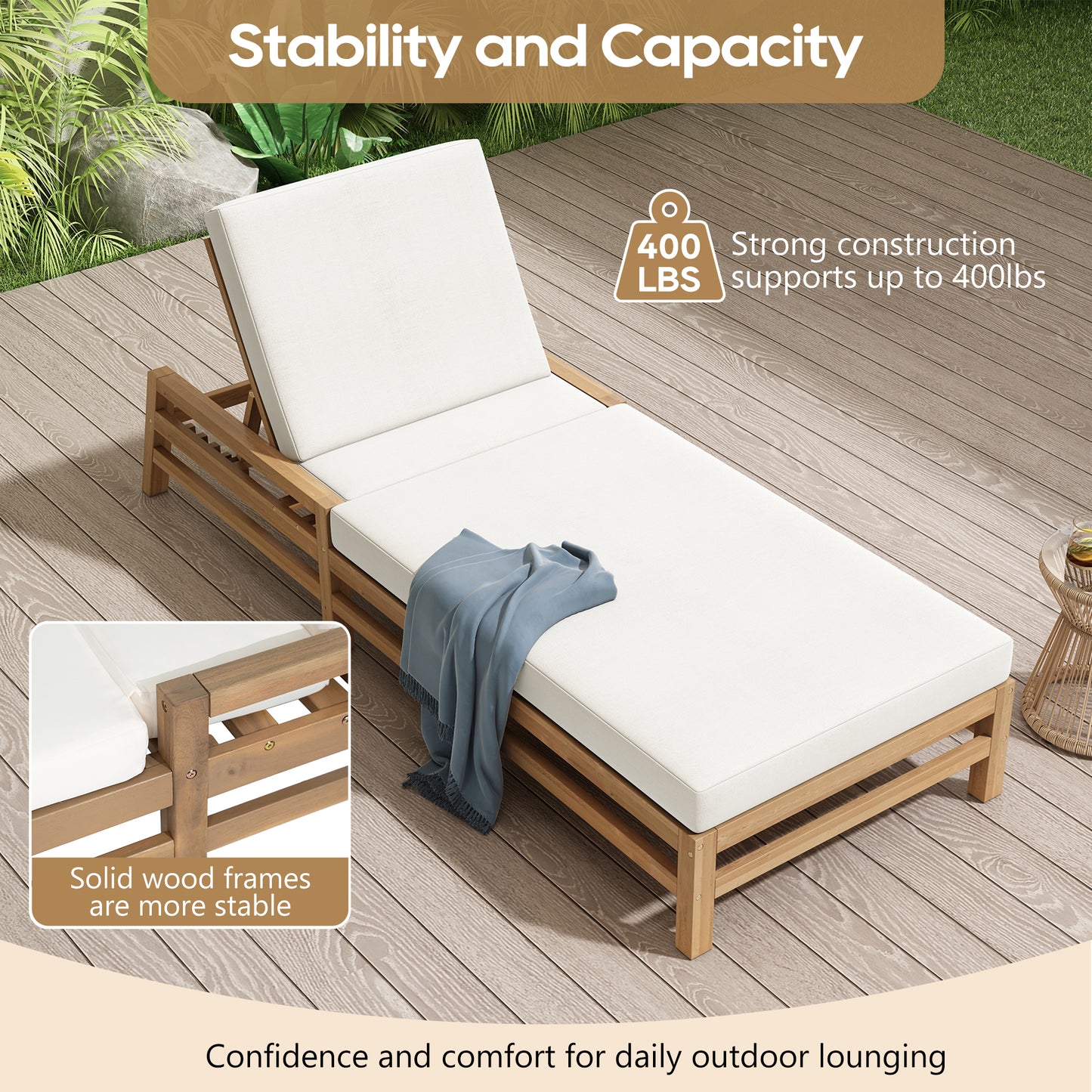 TREXM 5-Position Adjustable Outdoor Chaise Lounge Set Of 2  Solid Wood Patio Recliner Chair With Thick Cushions  Weather-Resistant For Pool  Balcony & Garden  Light Teak