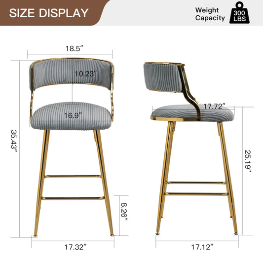 SET OF 2,26'' Counter Height Bar Stools Corduroy Kitchen Island Counter Bar Stool With Back,golden Chromed Base And Footrest (GREY)