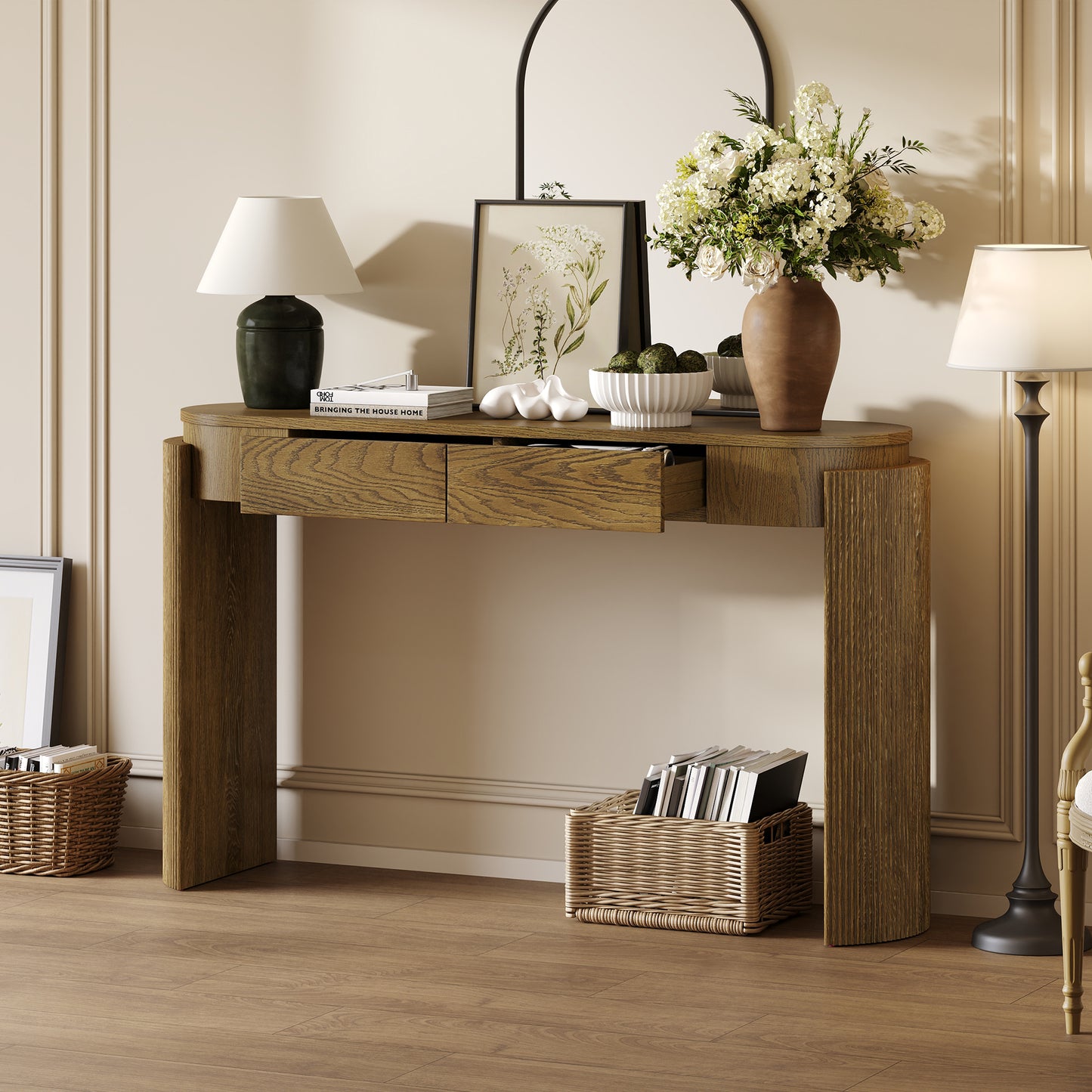 TREXM Entryway Table With Natural Wood Grain Finish  Console Table With Fluted Design  Oval Top And 2 Drawers For Entryway And Living Room  Pine Wood
