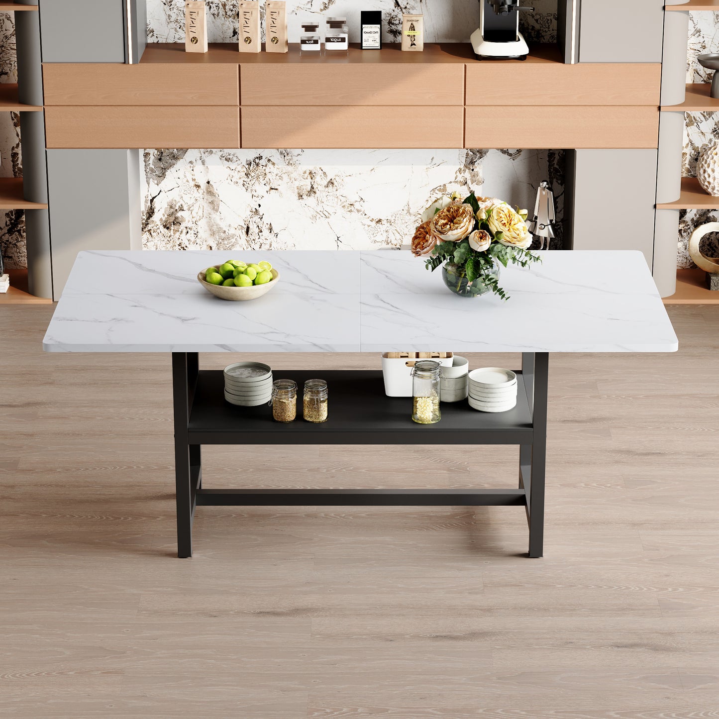 A 71 X35.4 Inch Dining Table With A Tabletop Cleverly Pieced Together By Four White Textured MDF Boards. The Desktop Has A 43.3 X19.7 Storage Platform. Very Suitable For Family Gatherings,etc.