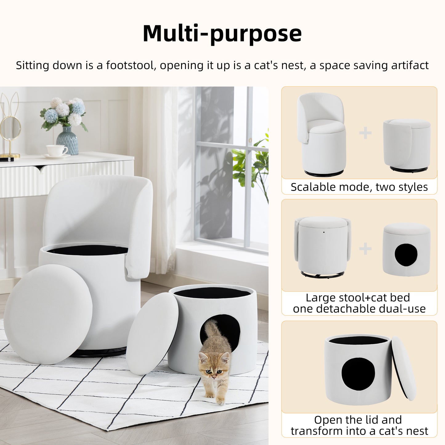 Stylish Upholstered Barrel Chair 360 Swivel Vanity Stool For Bedroom & Dining Chair, Built-in Storage, Soft Padded Accent Seat, Multi-Functional For Dressing Dining, Free Cat Bed Stool Included,