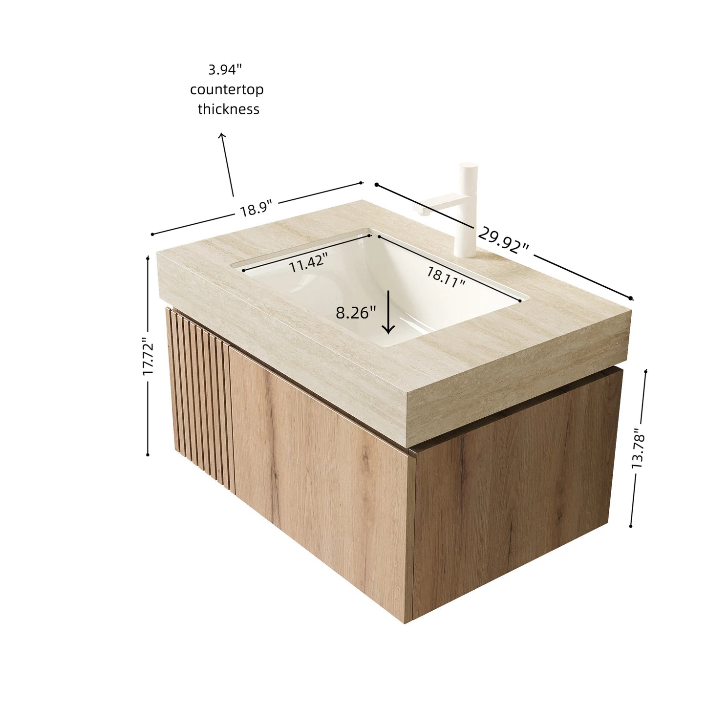 MURI 30  Bathroom Vanity&Sink, Floating Plywood Storage Cabinet With Drawer&Door, Roma Travertine Sintered Stone Top&Ceramic Basin With 1 Pre-drilled Faucet Hole, Pre-assembled, White Oak Woodgrain