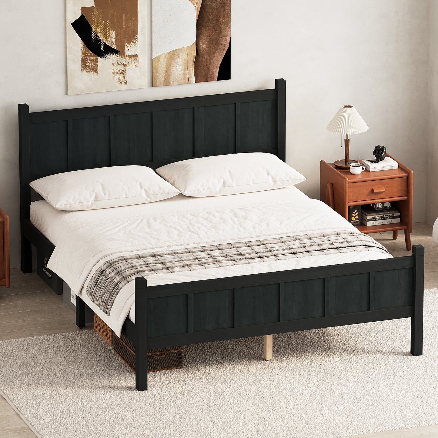 Queen Size Flat Panel Bed With Headboard & Footboard, Minimalist Modern Platform Bed With Wood Grain Finish, Shaker And Farmhouse Style Design, Sleek And Functional Bedroom Furniture,Black